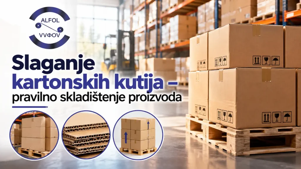 Slaganje kartonskih kutija sa zapakovanim proizvodima tokom skladištenja