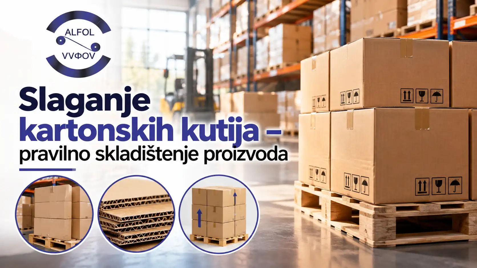 Slaganje kartonskih kutija sa zapakovanim proizvodima tokom skladištenja